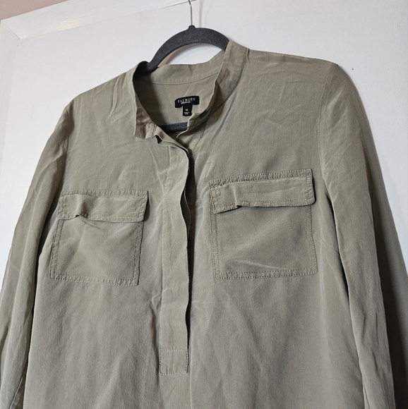 Talbots silk khaki half-button shirt with front pockets Size M - Picture 2 of 6